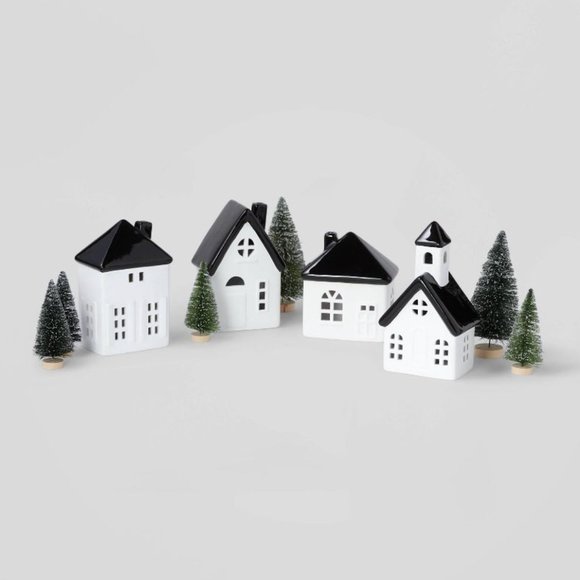 TARGET WONDERSHOP BATTERY CERAMIC HOUSES WITH TREES VILLAGE KIT WHITE/BLACK - Picture 5 of 7